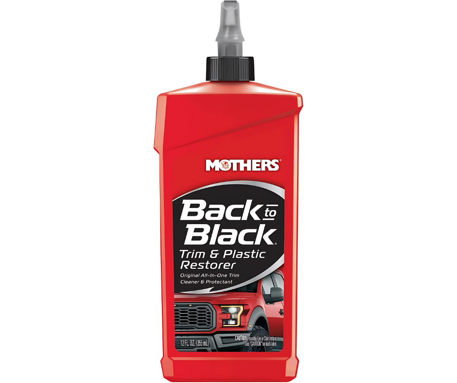 Red bottle of Mothers Back to Black Trim & Plastic Restorer on a white background