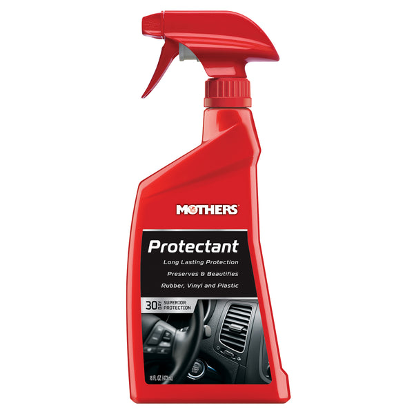 Red spray bottle of Mothers Protectant on a white background