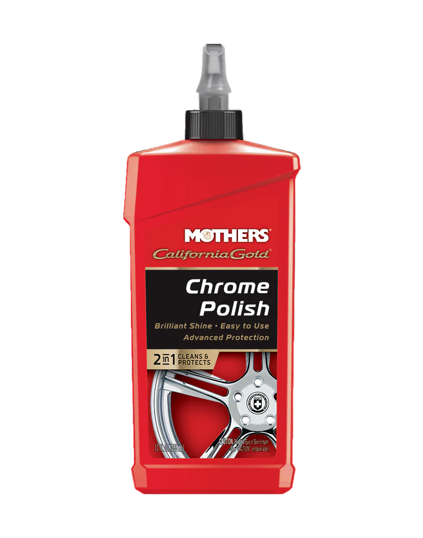 Red bottle of Mothers Chrome Polish on a white background