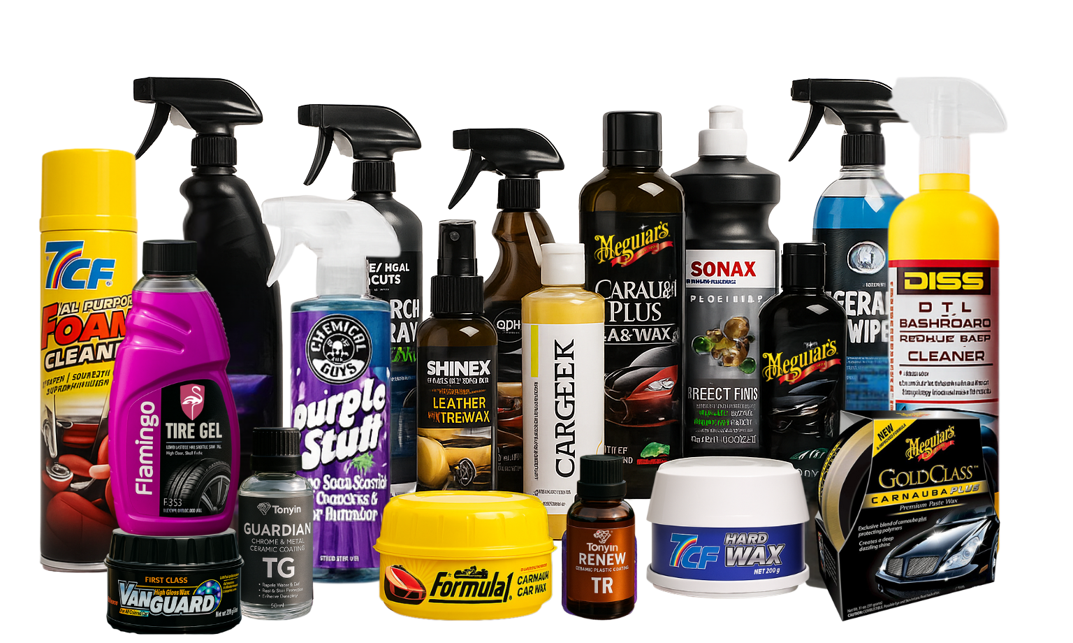 Collection of car care products with various brands on a white background