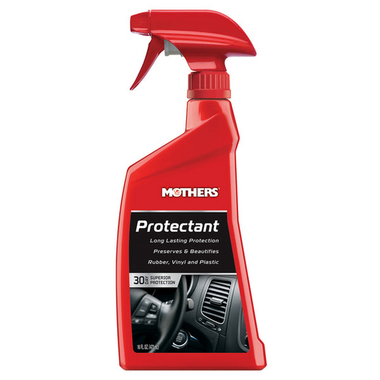 Red spray bottle of Mothers Protectant on a white background