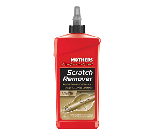 Red bottle of Mothers Scratch Remover on a white background